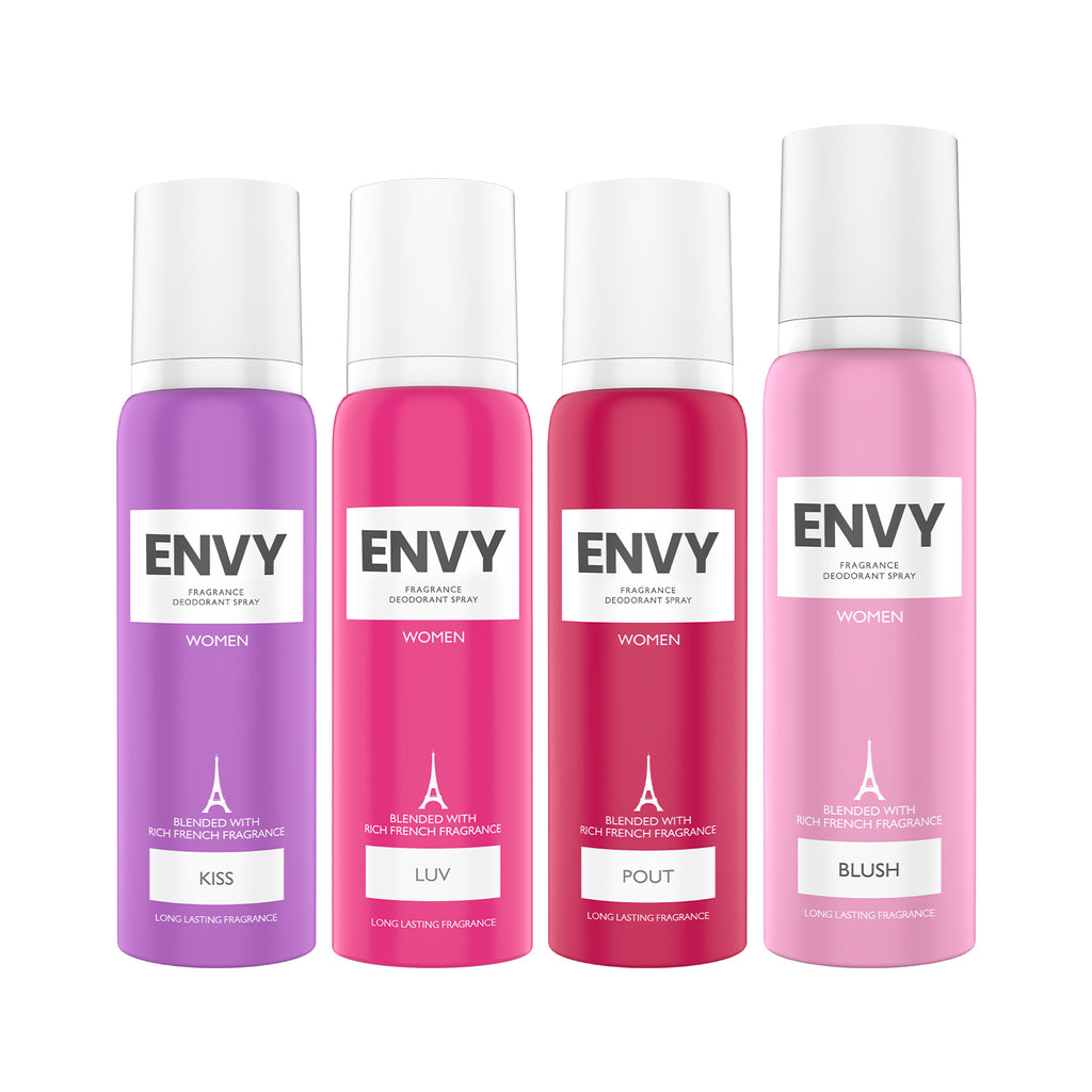 Pack of 4 Deos For Women (Kiss, Luv, Pout) - 120ml Each + (Blush 140ml) 