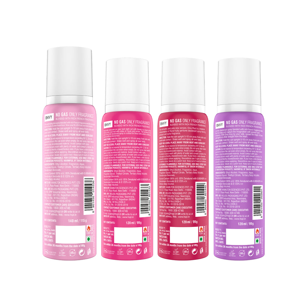 Envy Pack of 4 Deos For Women (Kiss, Luv, Pout) - 120ml Each + (Blush 140ml) -SALE