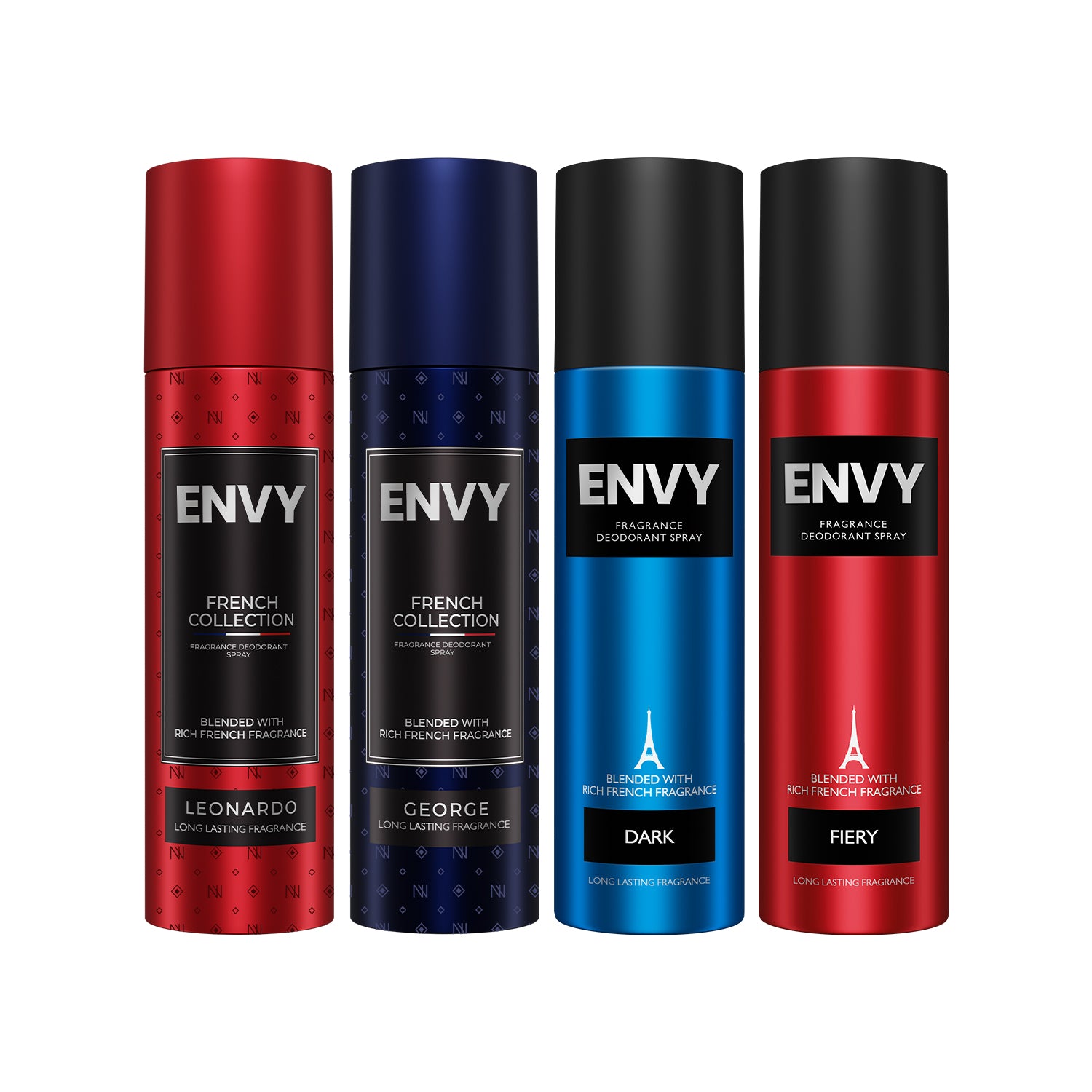 Envy Pack of 4 Deos for Men (George, Dark, Fiery 120/140ml + Leonardo 120ml)