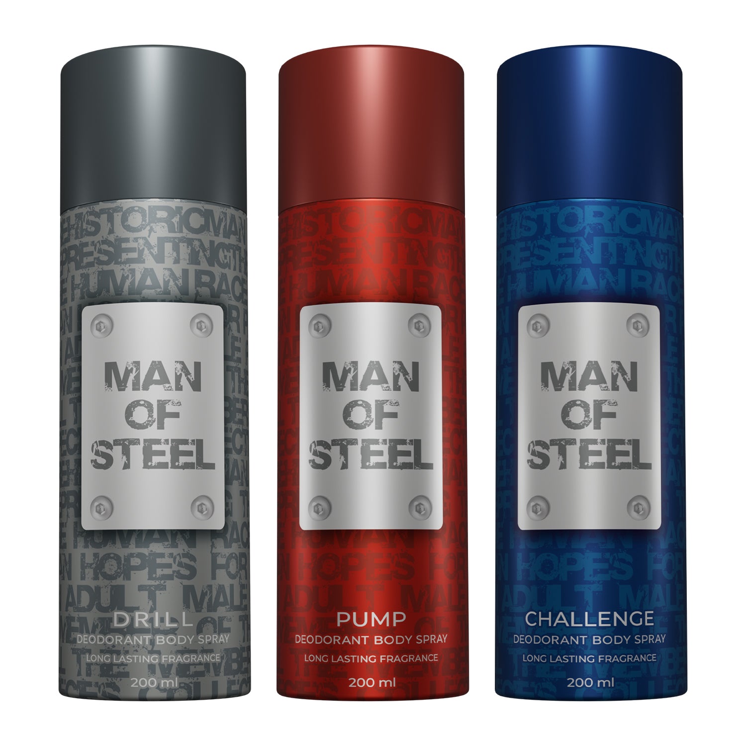 Pack of 3 Man of Steel Deos (Drill + Pump + Challenge) - 200ml Each