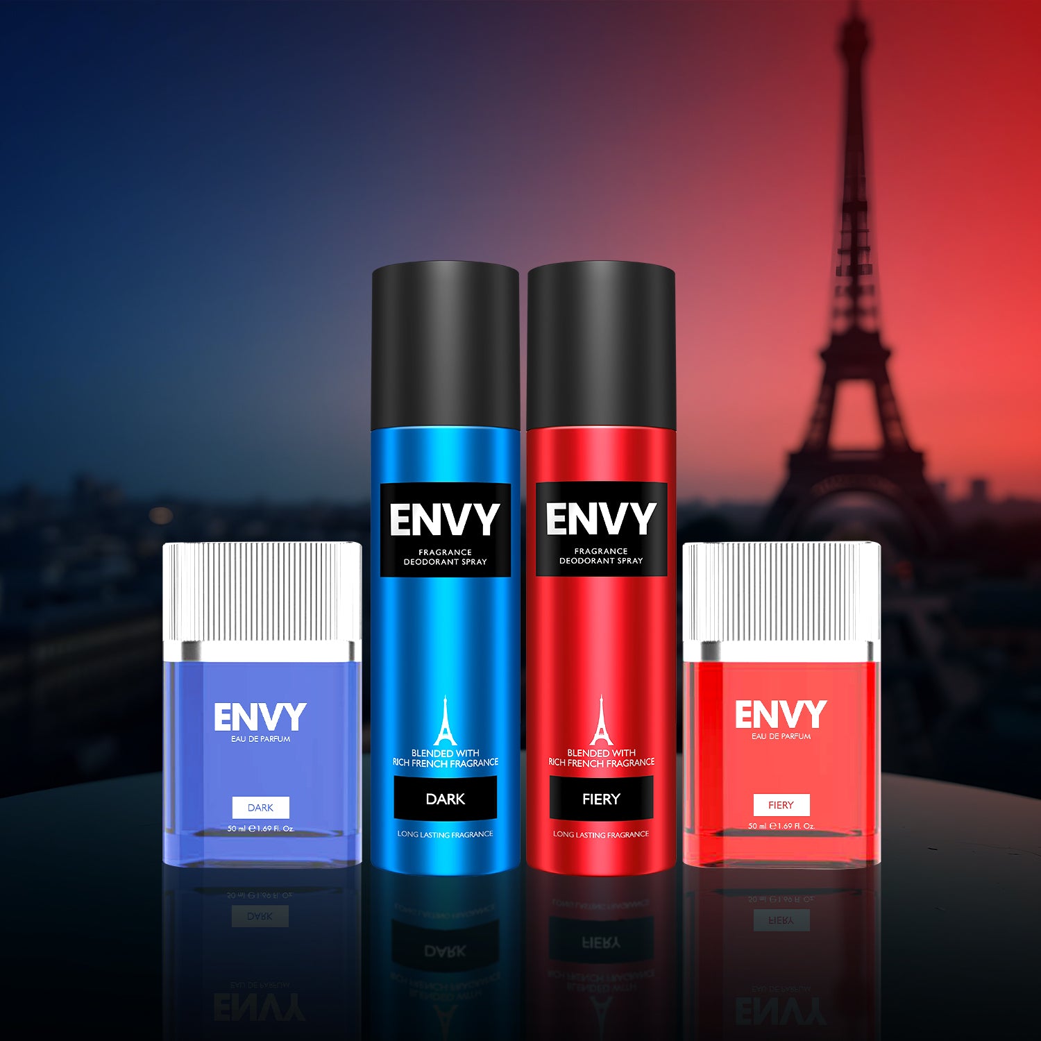 Envy Pack of 4 Men's Perfumes & Deos (Dark 140ml Deo & Dark 50ml Perfume + Fiery 140ml Deo & Fiery 50ml Perfume)
