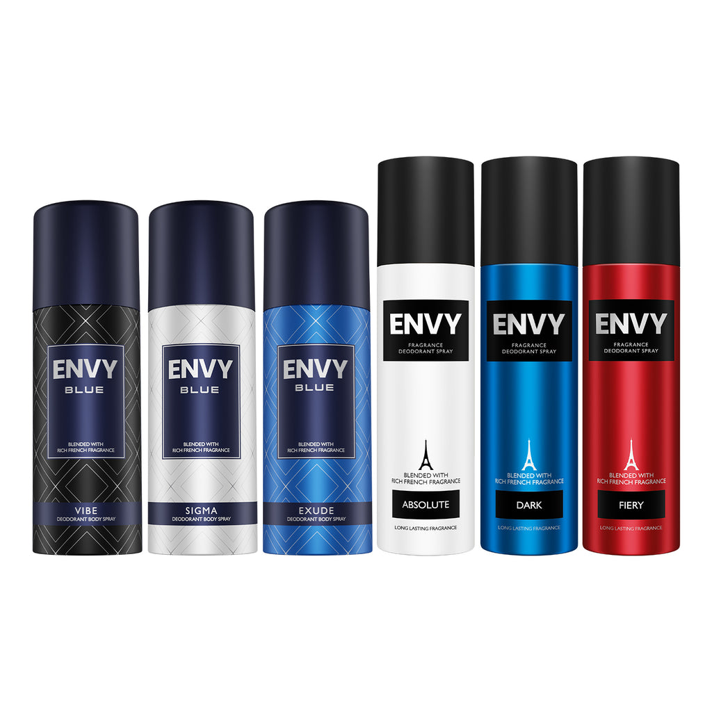 Envy Pack of 6 Deos (EXUDE, Sigma, Vibe 165ml + Absolute + Dark + Fiery 120/140ml)