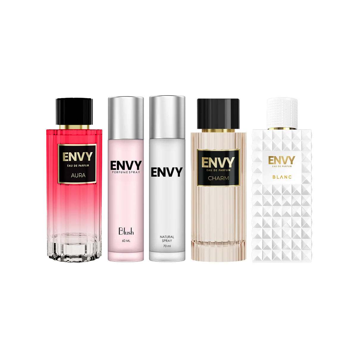 Pack of 5 Perfumes For Women Blush 60ml, Natural Spray 70ml, Aura, Charm, Blanc 100ml ENVY