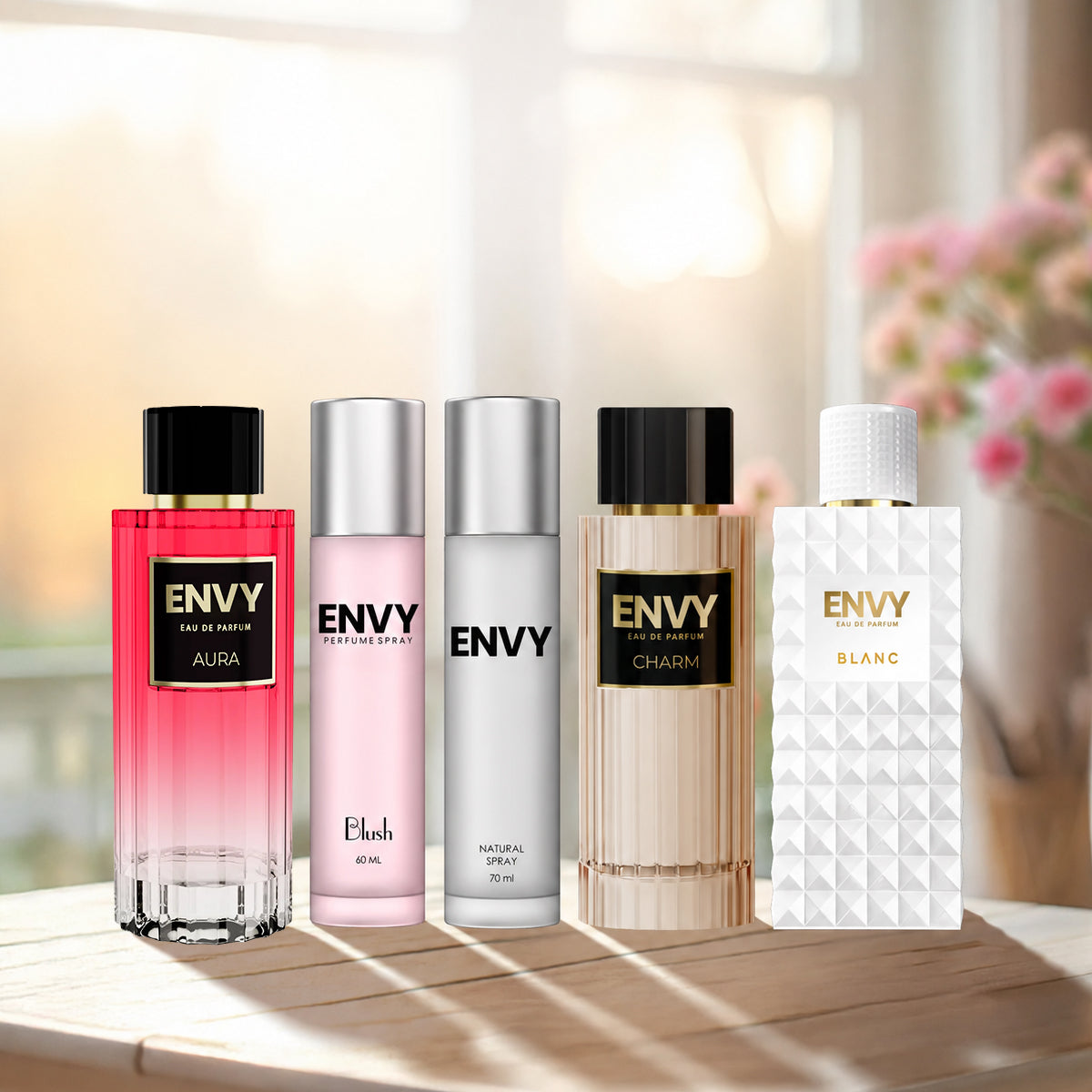 Pack of 5 Perfumes For Women Blush 60ml, Natural Spray 70ml, Aura, Charm, Blanc 100ml ENVY