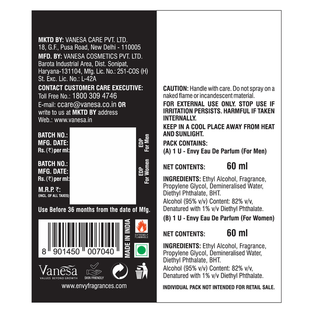 ENVY Black & White natural Spray Perfume for Men & Women EDP -120ml