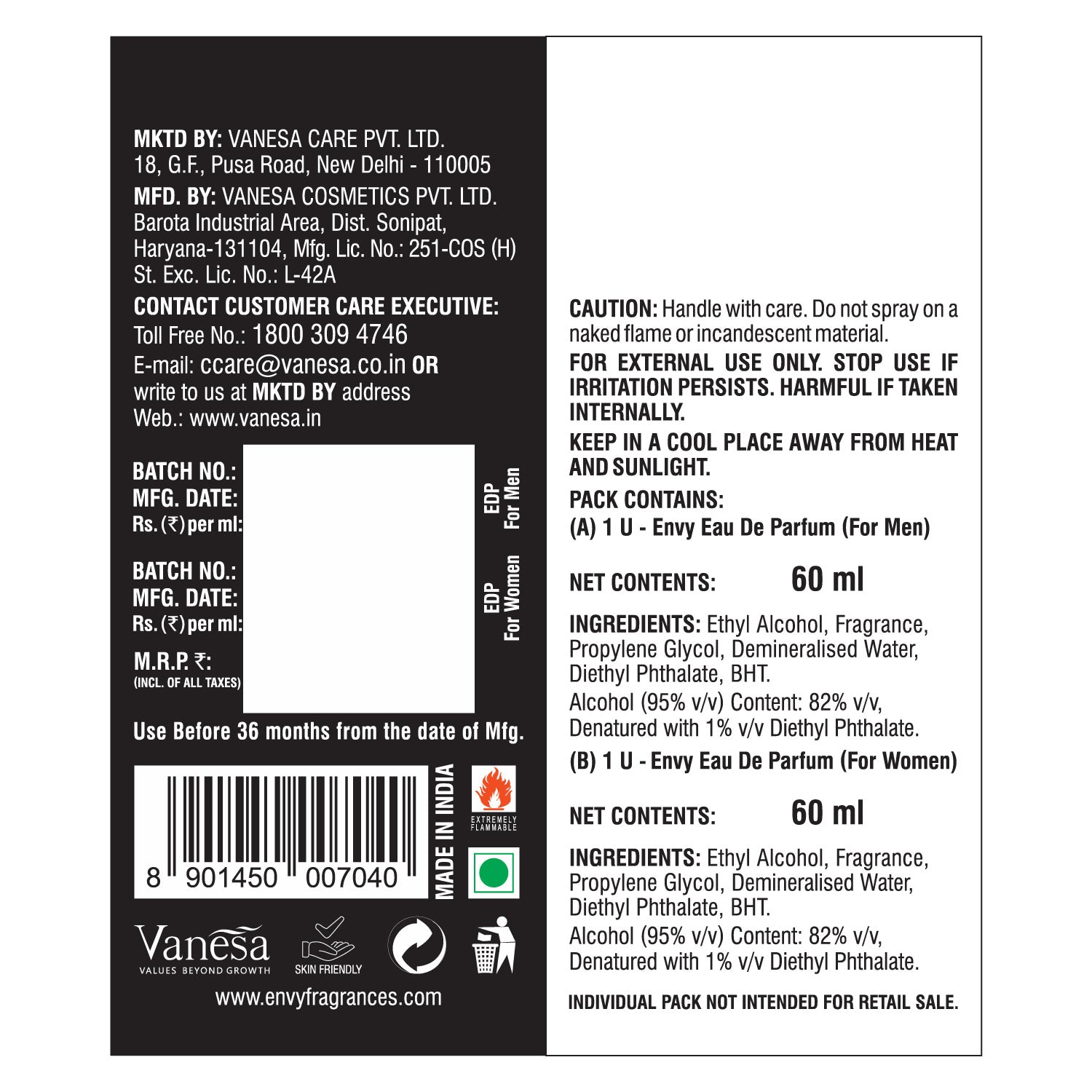 ENVY Black & White natural Spray Perfume for Men & Women EDP -120ml