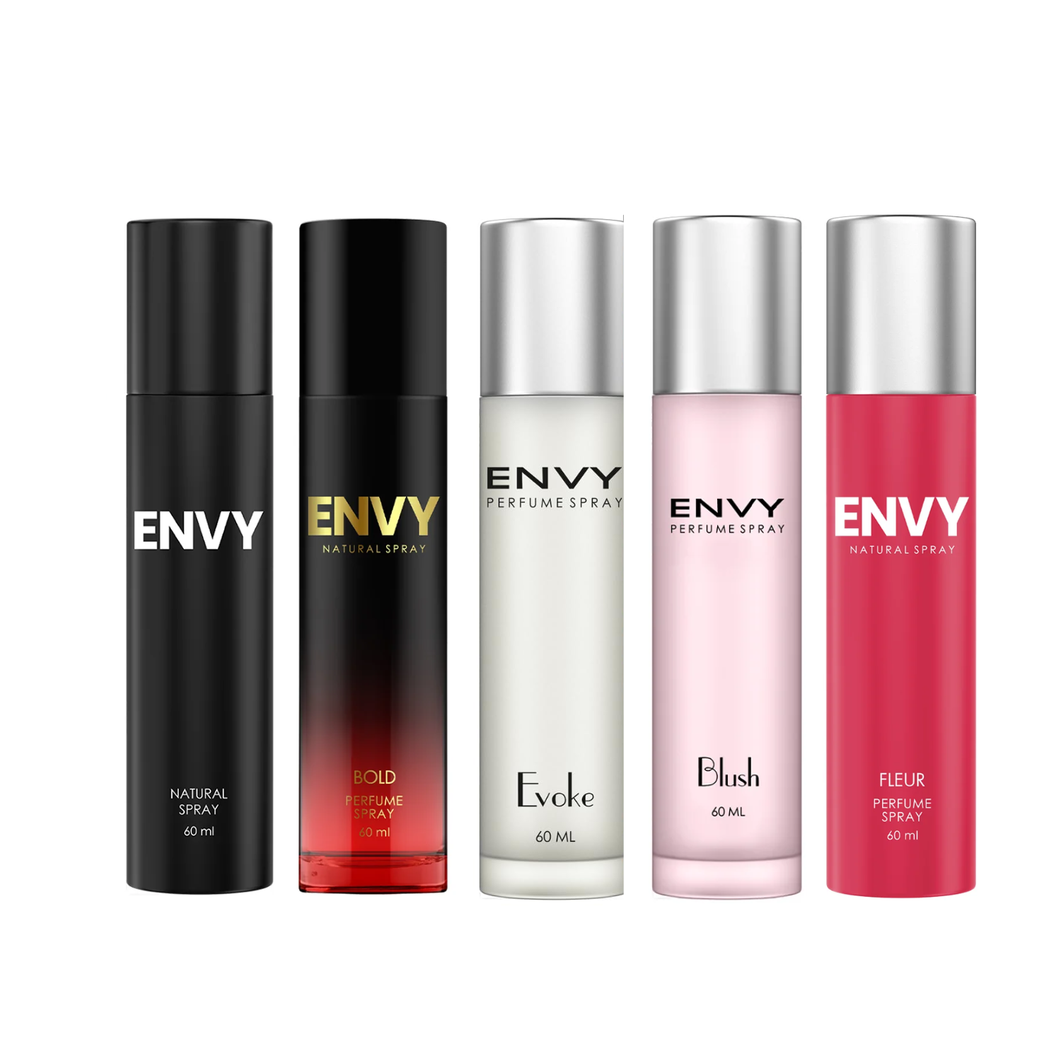 ENVY Pack of 5 Perfumes (Men Natural Spray 70ml + Bold, Blush, Evoke, Fleur 60ml Each)