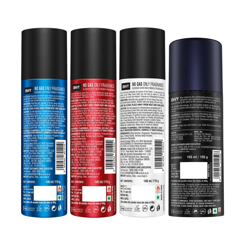 Envy Pack of 4 Deos for Men (Absolute, Dark, Fiery 120/140ml + Vibe 165ml)